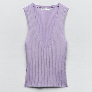 ZARA Stretch Ribbed Knit Top Lilac Deep V-Neck Tank Top Sleeveless Size M / New